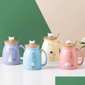 Muggar Creative Color Cat Heatresistant Mug Cartoon med lock 450 ml Cup Kitten Kaffe keramiska muggar Barn Kontor Drinkware Gift 20211 DHIA11