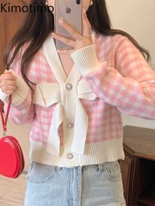 Women's Sweaters Kimotimo Plaid Stitching Bow Knitted Cardigan Women Autumn V Neck Long Sleeve Sweater Coat Korean Chic Sweet Kawaii Short Tops J220915