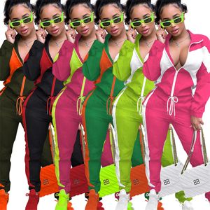 Frauen Zweiteilige Sets Patchwork Trainingsanzüge Langarm Drehen Unten Zipper Outfits Jogging Sport Anzug Mode Kontrast Farbe Sportswear K10440