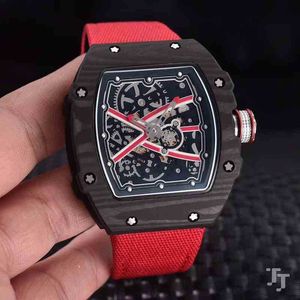 Relógio mecânico masculino de luxo, automático, mecânico, vermelho, preto, lona, pulseira de borracha, tourbillion, limitado, safira, fibra de carbono