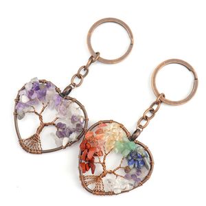 Natural Stone Crystal Keychains Heart Shaped Life Tree Keychain Pendant Car Key Chain Keyring