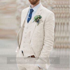 Men's Suits Custom Made Fashion Linen Men Suit Jacket Vest Pants 3 Piece Set Slim Fit Beige Beach Party Wedding Man Groom Tuxedo Blazer