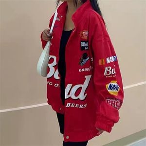 女性の冬のジャケットコート赤プリントジッパー長袖レーシングジャケットヴィンテージスポーツスタイルポリエステルボンバージャケット女性 210827