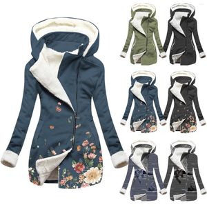 Damen Trenchcoats Winter Damen Kapuzenmantel Damen Plüsch Fleece Warme Dicke Jacken Blumendruck Pelzgefütterter Mantel Weibliche Reißverschlussjacke