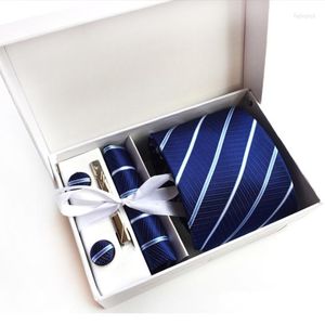 Bow Ties Present Box Design 8cm Luxury Men's Tie Set Clip Handkuft Manschettknappar Silk Stripes Solid Color Dot For Wedding Busine