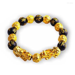 Charm armband män kvinnor feng shui armband svart pärla lycklig buddha handkedja lockar rikedom pi xiu guld smycken 14mm