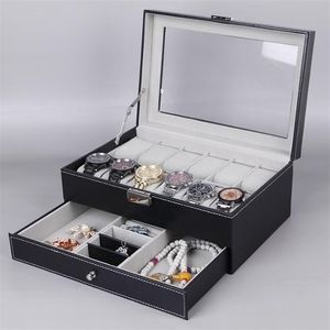 12 Grids Single/Double Layer Watch Box PU Leather Case Boxes Organizer With Word Lock for Women Men Gift 220428