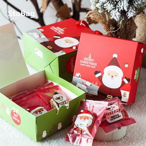 Confezione regalo StoBag Natale Babbo Natale Manico verde/rosso Sacchetto di carta Biscotti da forno Confezione di cioccolato Forniture Decorazione per torte Portatile