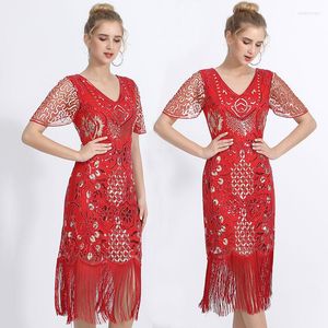 Bühnenkleidung Rote Pailletten Vintage 1920er Jahre Kleid Great Gatsby Kleider V-Ausschnitt Quaste Latin Abend Party Kostüme Kleid Frauen Kostüm