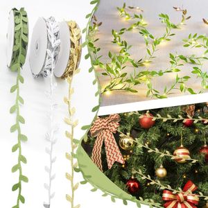 Christmas Decorations 10m Roll Wide Gold Silver Simulative Leaves Glitter Satin Webbing DIY Headwear Garland Party Banquet Home Decor