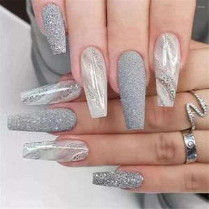 False Nails Silver Grey Glitter Ballerina Fine su unghie con disegni Set di marmorizzatura sulla manicure della bara francese
