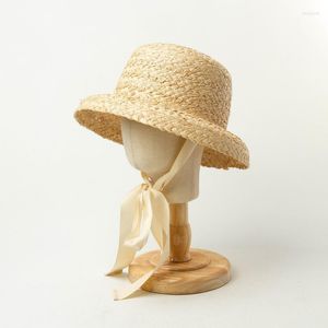 Hats X239 Children Straw Raffia Sun Hat Hand-woven Lafite Retro Flat Top Folding Brim For Boys And Girls Travel Cap