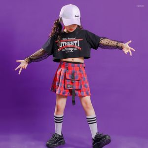 Base Wear Kids Cool Hip Hop abbigliamento Sparature Top Crop Top Galda in pizzo nero Scapa rossa Rossa Girls Caglieva Jazz Dance COSTUME COSTO