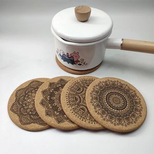 1 Set Of 6PCS Creative Nordic Mandala Design Wooden Coasters Round Shape Coffee Cup Mat Round Cork Coaster Kitchen Decoration