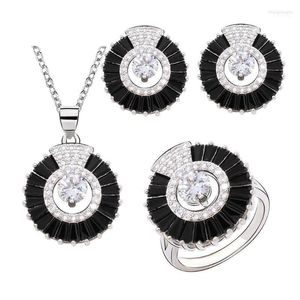 Necklace Earrings Set & Arrival Black White Zircon Silver Color For Women Stud Pendant Ring