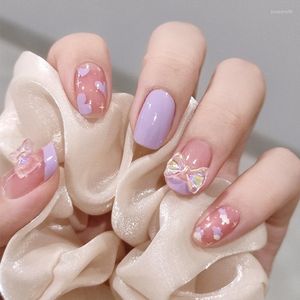 False Nails 24Pcs Cute Short Square Head Pink Heart 3D Bow Design Fake Nail With Pearl Rhinestones Full Cover Press On Tip