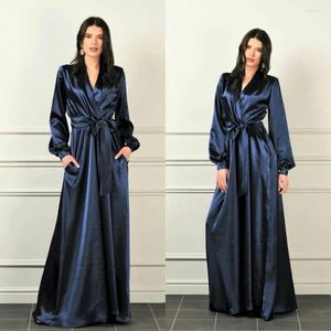 WRAPS Navy Bridal Bathrobe With Pocket Long Satin Satin Silk Wedding Sleepwear Bathrobes Nightrocks Robes Women Dress Kimono