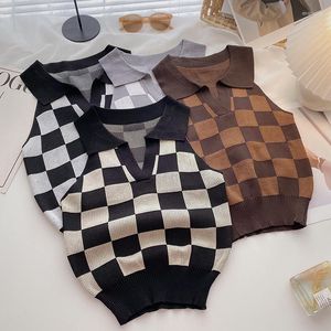 Women's Vests Sweater Women Casual Sleeveless Plaid Knitted Crop Sweaters Argyle Print Vest Ladies V Neck Knit