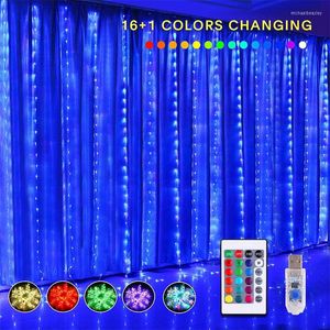 Strängar 3 3M RGB 16 Färgsträngslampor Fairy Curtain USB Fjärrkontroll Garland för julfönster bröllopsfestdekor