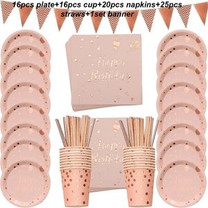 78 st/set Rose Gold Party Disponertabell Set Cup Plates Strån Vuxen Birthday Decor Brudduschförsörjning 220429