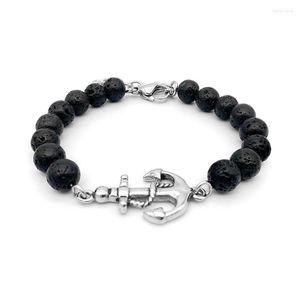 Strand Runda Men's Bracelet Black Lava Stone With Anchor Stainless Steel Adjustable Size 22cm Nautical Jewelry Charm Bead