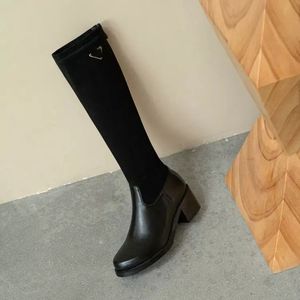 Botas hasta la rodilla de invierno para mujer, zapatos de tacón bajo con punta redonda, cuero genuino, gamuza, fiesta, boda, moda, plataforma de lujo, invierno, 2022