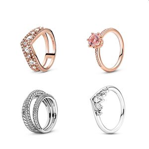 Rose Gold Crown Wedding Purnings DIY Fit Pandora w stylu biżuterii 925 Srebrny pierścień prezent z pudełkiem