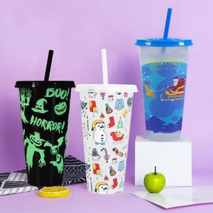 24OZ Christmas Color-Changing Water Tumblers Cold-Changing Drink Straw Cup Fruit Tea PP Temperature-Sensitive Plastic Cups SN6847