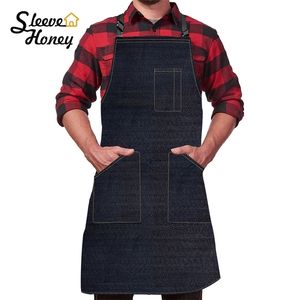 Kitchen Denim Apron Men Women With Pocket Chefs Cooking Adjustable Baking Black Blue Simple Uniform Water Proof Dropship 220507