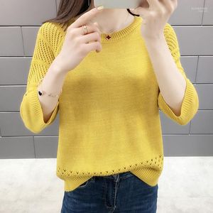 Women's Sweaters Spring Women Pullover Solid Three Quarter Sleeves Sweater Ladies Cutout Knitted Casual Pullovers Top Women's