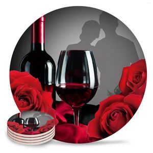 Bord Mattor Rose Flower Wine Red Black Coasters Kitchen Decor Car Office Milk Coffee Mug Cup Mat Ceramic Round