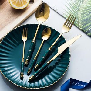 Dinnerware Sets 5 Pcs Tableware Fork Spoon Knife Kit Ceramic Stainless Steel Marble Dinner Set Restaurant Kitchen Green Gold