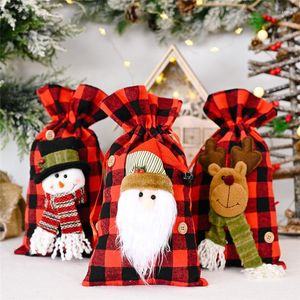 Christmas Decorations Merry Candy Cute Gift Bags Decoration Children Cartoon Red Black Plaid Bag Santa Claus Home Reusable
