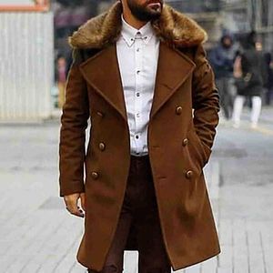 Men's Fur Faux Fur Vintage Mens Wool Trench Turn-down Collar Button Long Sleeve Warm Outerwear Autumn Winter Men Fashion Solid Overcoats Streetwear T221007
