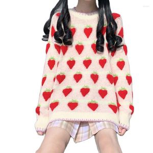 Damenpullover Harajuku Kawaii Erdbeerstrickpullover Niedlicher Pullover Herbst Winter Damenpullover Damen Y2k Top Mode Rosa Kleidung