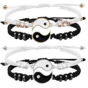 Lucky Tai Chi Yin Yang Couple Bracelets Alloy Pendant Adjustable Braid Chain Bracelet Necklace Matching Lover Bracelets Necklaces Set