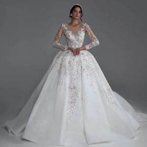 Luxurious 2024 Arabic Plus Size ball gown Wedding Dresses Backless Long Sleeves Crystals Bridal gown Stunning sequined Wed Gowns Customize