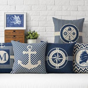 Cuscino Cuscini decorativi per la casa Fodera geometrica per ancora mediterranea Bussola blu mare Custodia in lino per nave marina