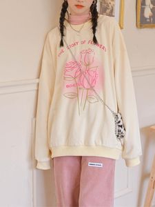 Damen-Kapuzenpullover QWEEK Korean Fashion Beige Hoodie Frauen Kawaii Cute Girly Flower Letter Print Pullover Sweatshirt Übergroß Sweet Kpop Pink