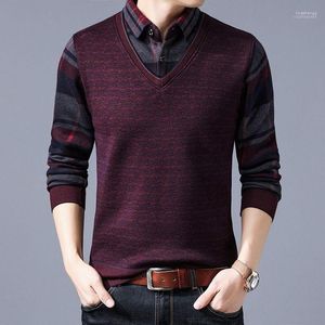 Men's Sweaters Knitwear Men's Fake Two-piece Plus Velvet Padded Winter Shirt Collar Knitted Korean Version Of Jacket Middle-aged