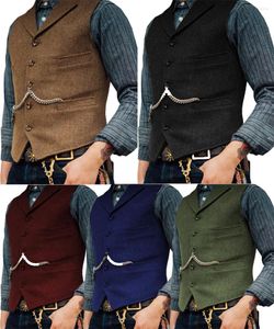 Gilet da uomo Business Gilet da uomo Gilet bavero con scollo a V in lana a spina di pesce Gilet marrone casual Giacca da sposo formale per matrimonio