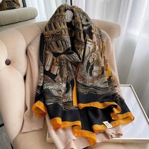 Halsdukar Wholale New Ladi Long Black Yellow Mönster Scarf Shawl High Quality Luxury Digner Cotton Printed Scarv