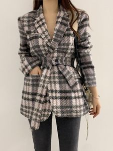 Women's Suits Korean 2022 Winter Lace-up Belt Waist Thin And Thick Warm Woolen Plaid Suit Jacket Women Clothes