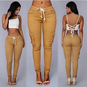 Calças femininas cintura alta sólida skinny cargo pant bolsos cordão joggers calças leggings de verão casual lápis