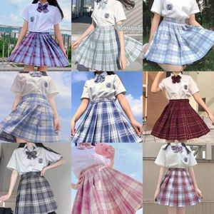 Kläder sätter kvinnor harajuku preppy stil söt kawaii veckad rutig kjol koreansk hög midja minikjolar jk uniform för kvinna full set