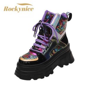 Boots Women Autumn Ankle New 2022 High Top Bling Chunky Sneakers Lace-Up Platform Läderskor 8cm Heel Casual Motorcykel L221018