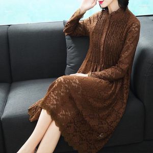 Casual Dresses Spring Fall Vintage Women Stand Collar Lace Patchwork Lose Black Dress 2022 Autumn Female Woman Pleated 4xl