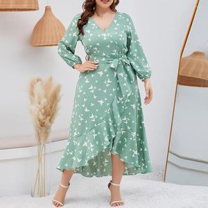 Plus Size Dresses Women Printed Midi Dress Ladies Holiday Long Sleeve V Neck Sundress Spring/Autunm/Winter Pocket