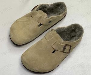 Avustralya Yün Tasarımcı Boston Cloggs Terlik Kış Kürk Scuff Terlik tıkanıkları Cork Sliders Deri Yün Sandals Kadın Loafers Ayakkabı Kutu 35-40 421