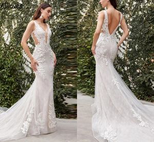 Vestidos de noiva de sereia de pesco￧o V Sexy Voto de noiva Boho Floral Aplique Aplique Open Back Country Bridal Gowns Court Train Plus Size Size R￺ssico Vestidos de Novia Vintage CL1295